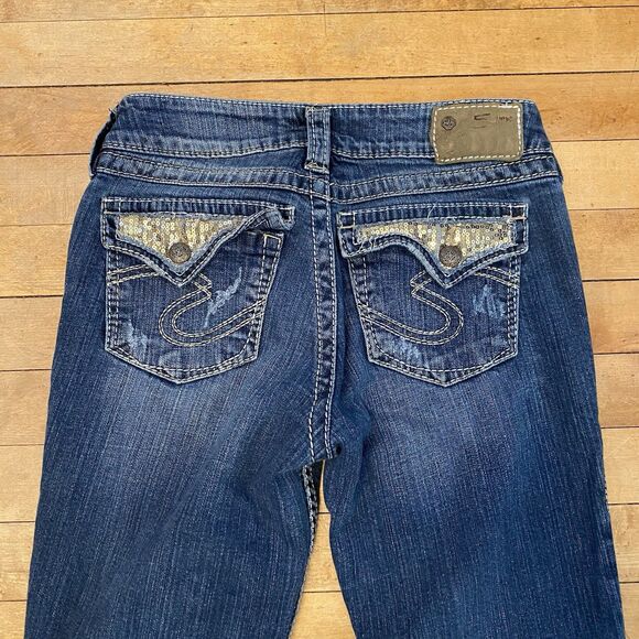 Silver Jeans Women’s Size 27/32 Suki Surplus Medium Wash Boot Cut Distressed - Picture 14 of 15